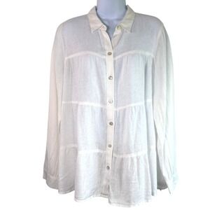 J Jill Love Linen Oversized Sheer Tiered Linen Button Down Shirt Sz M Coastal